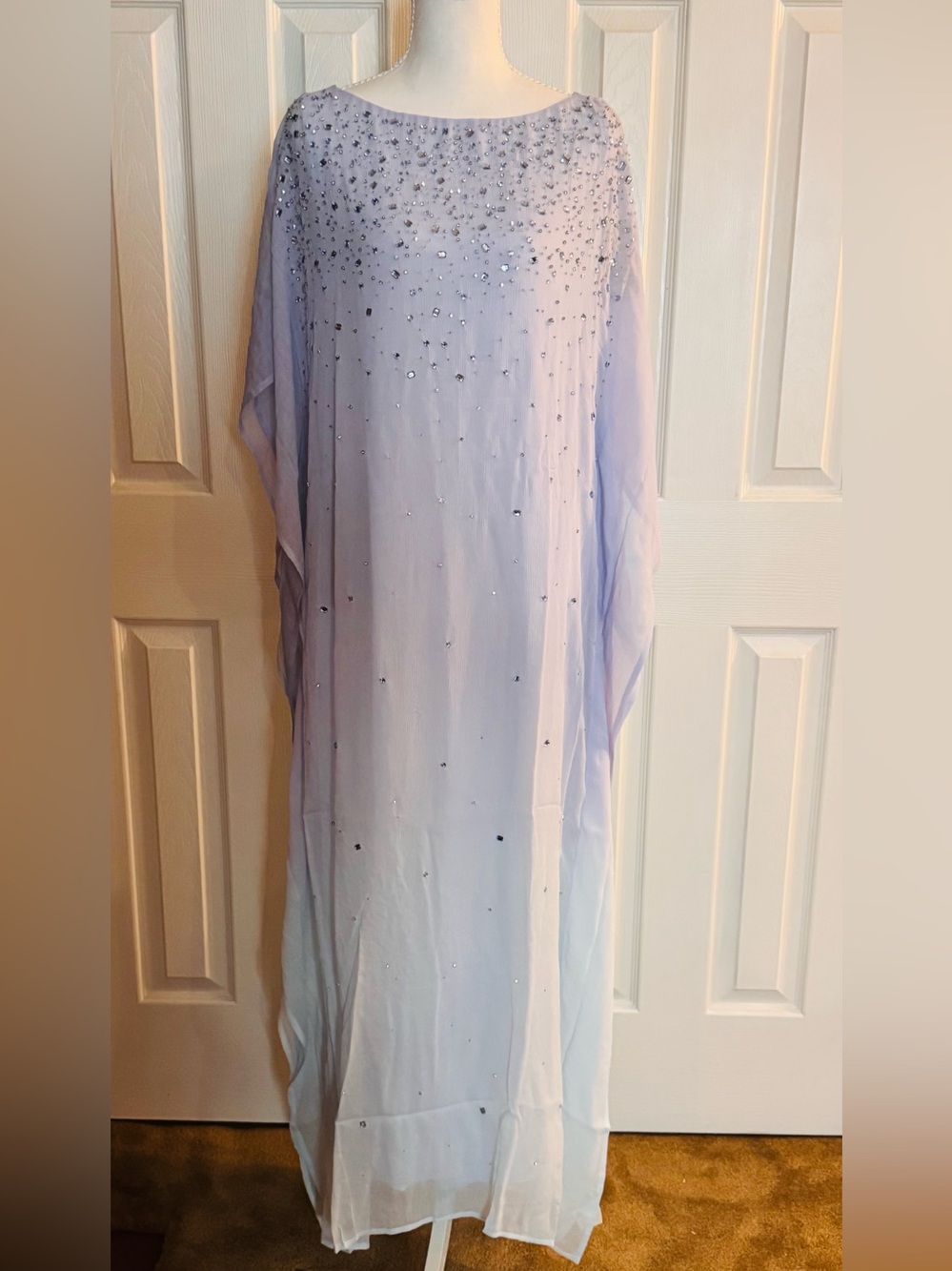 NICOBLU-LUNA CHIFFON KAFTAN IN PALE BLUE OMBRE AND EMBELLISHMENT